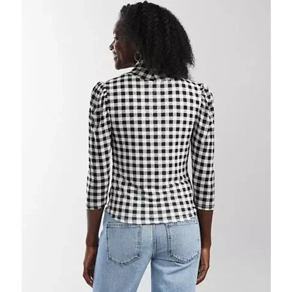 Free People Gathered Turtleneck Black & White Gingham Checkered Mesh Slim Top